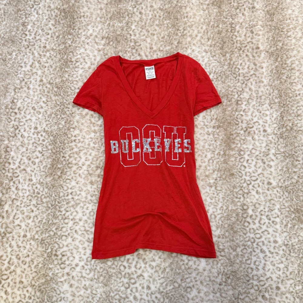 Pink Victorias Secret Ohio State Buckeyes OSU V-Neck T-Shirt Red Womens XS